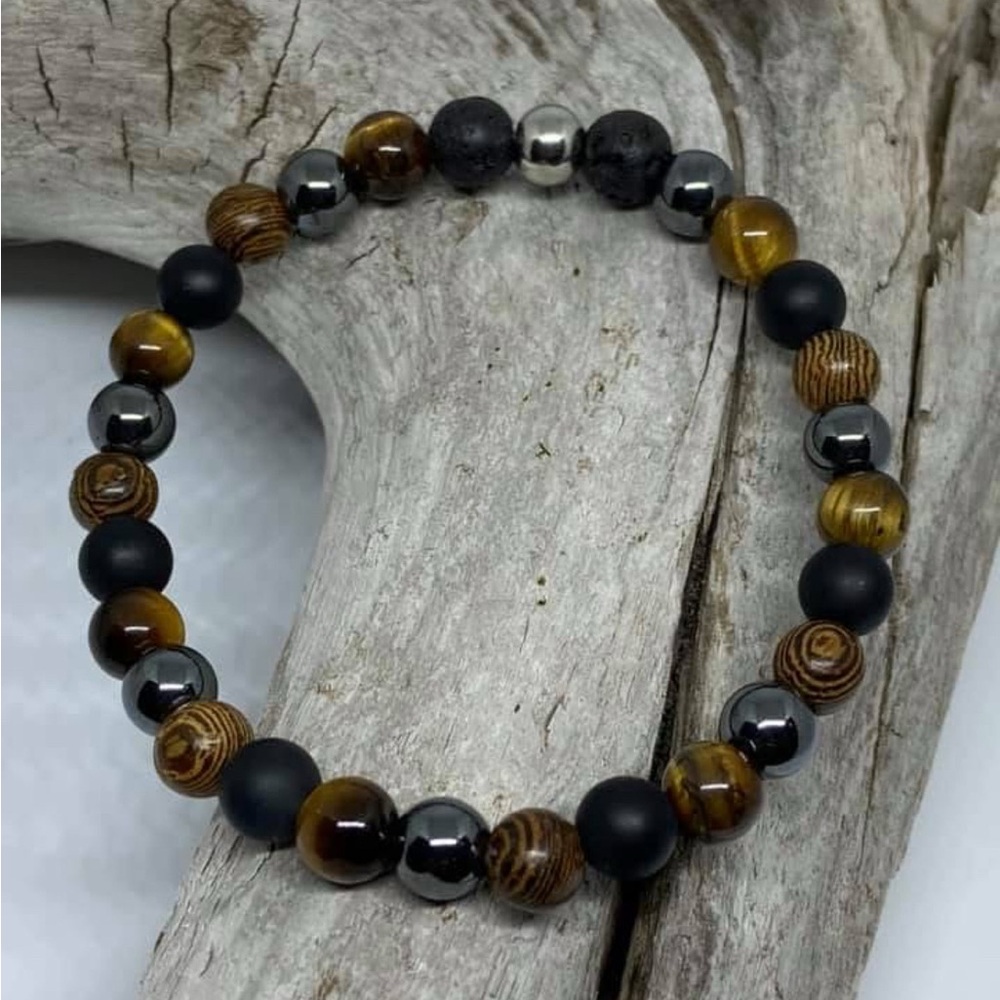 Beaded unisex Bracelet/ tiger eye, onyx, rosewood, hematite & lava